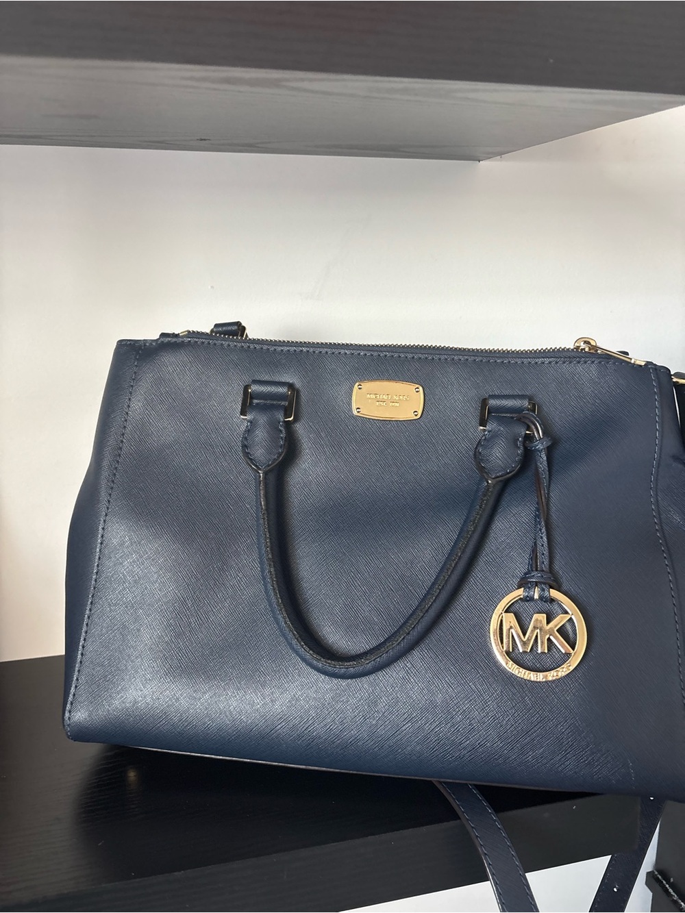 Michael Kors Navy Saffiano Satchel with Gold Hardware